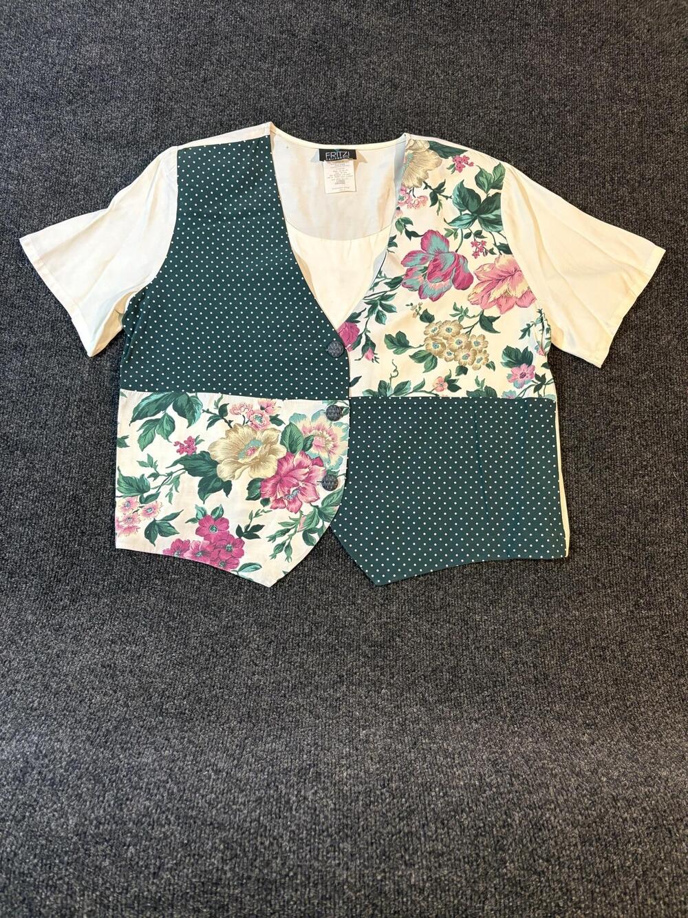 Vintage Fritzi California Top Womens L Green Floral Polka Dot Patchwork Blouse